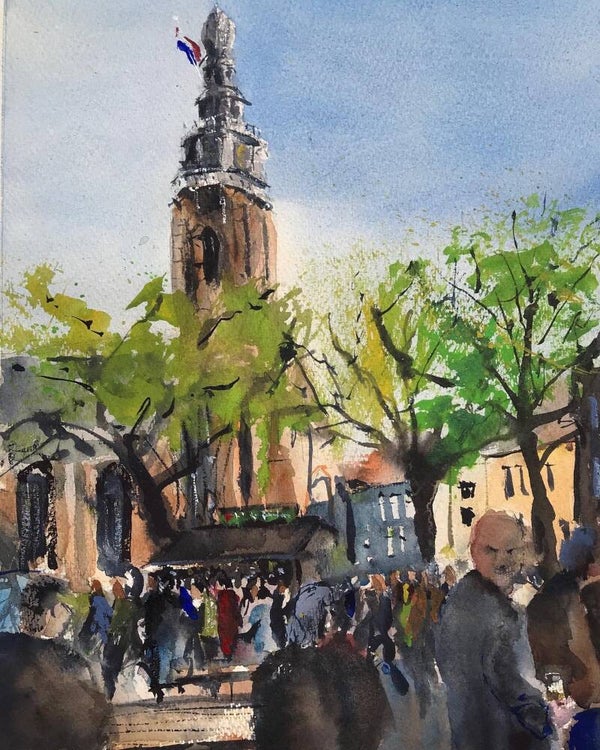 Aquarel  Vlissingen, Bevrijdingsdag Oude Markt