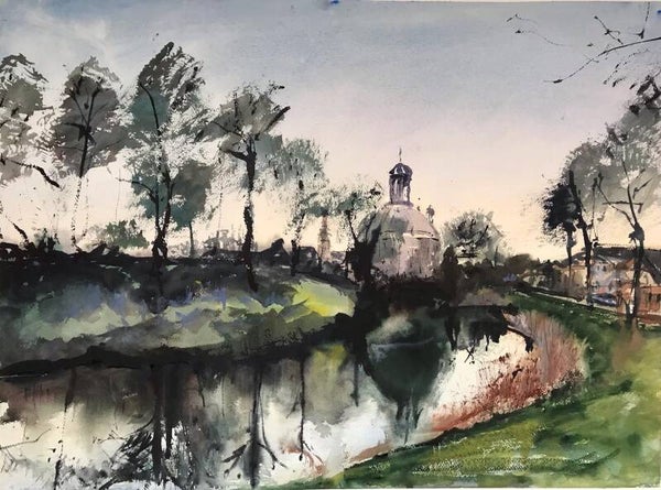 Aquarel Middelburg, Veersesingel en Oostkerk