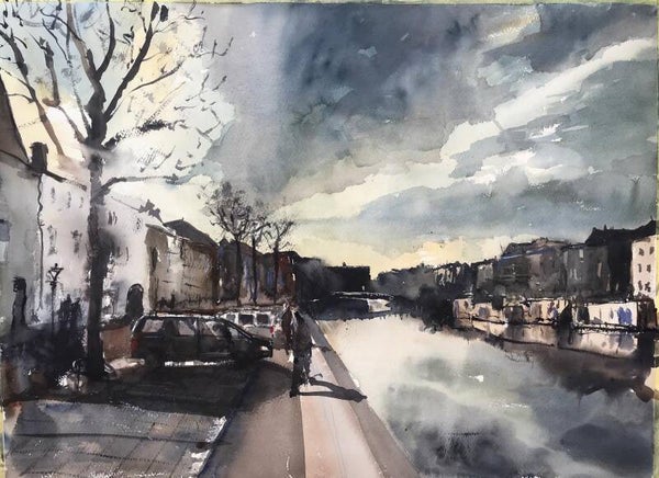 Aquarel Middelburg, gezicht op Londense Kaai