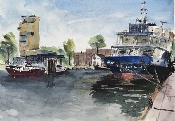 Aquarel Vlissingen, Binnenhaven met Plancius
