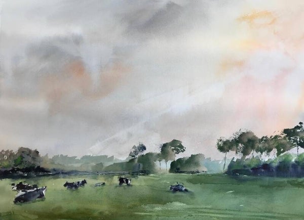 Aquarel Mariekerke, Koeien in het veld