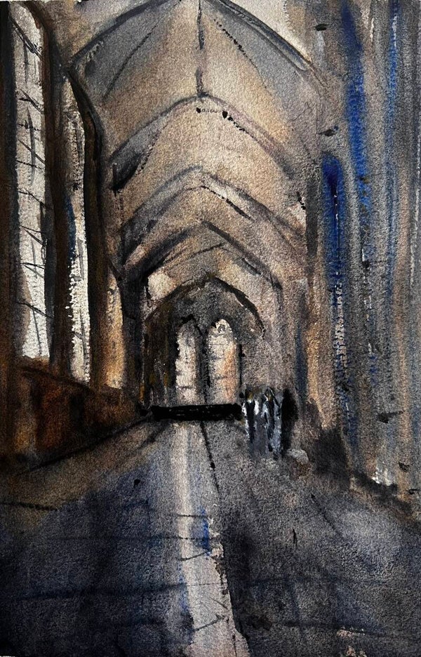 Aquarel Deventer Lebuinus kerk interieur