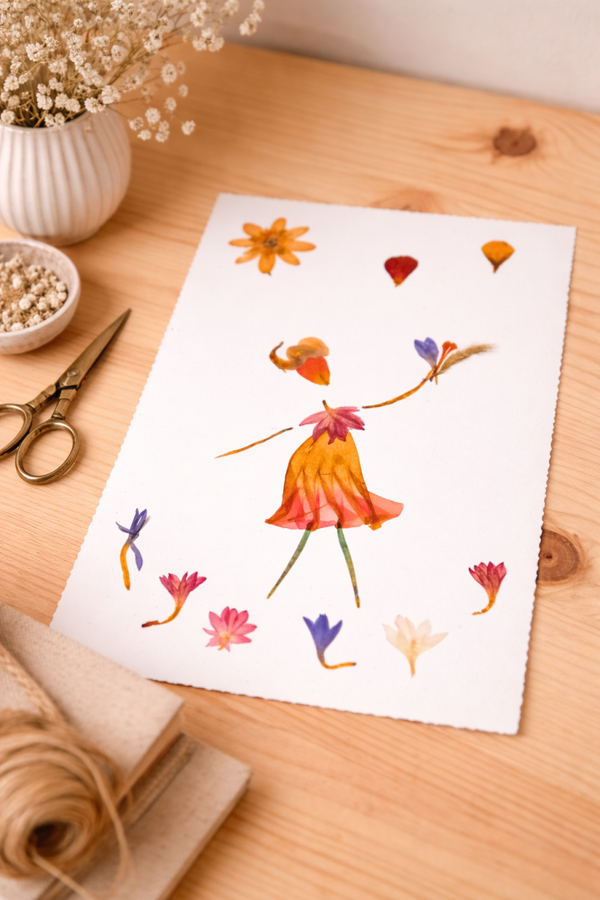 Carte Illustrée femme et oiseau en fleurs séchées 10x15