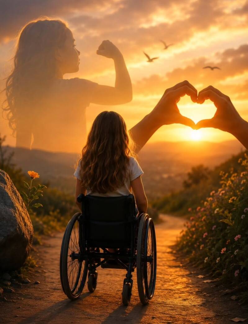 Una ragazza in carrozzina guarda il tramonto,  il sole dentro due mani che formano un cuore,  sulla sinistra una persona  con il braccio piegato,  simboleggia la forza dell'amore 