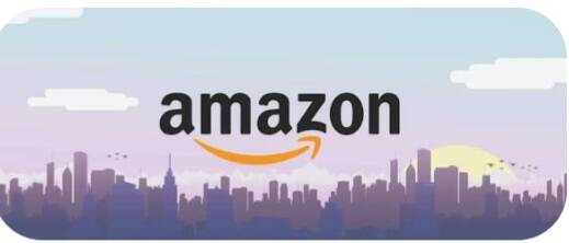 Nell'immagine ce la scritta AMAZON, con una freccia ricurva che  prende A e Z, come sfondo un paesaggio, probabilmente di montagna,  nella parte inferiore un paese, con diverse abitazioni 