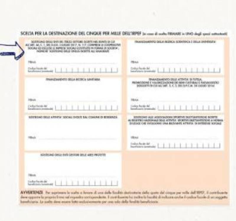 Nell'immagine è rappresentato il modulo da compilare per destinazione del 5X1000  nella dichiarazione dei redditi,  indicando a quale ente e il codice fiscale 