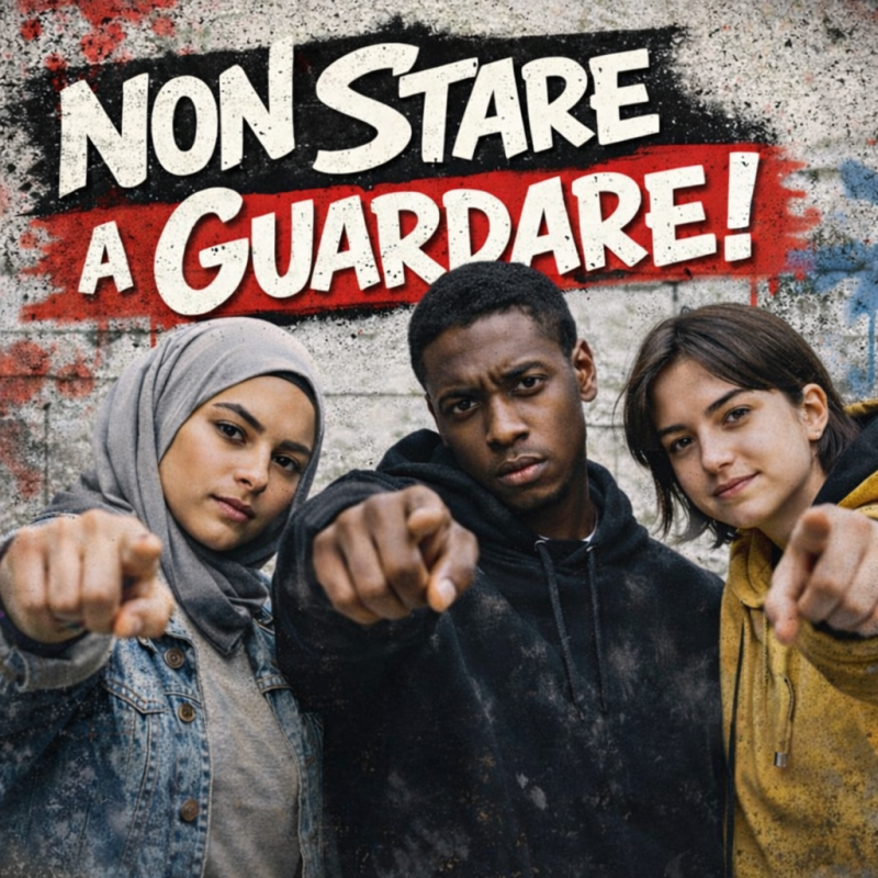 Non stare a guardare,  tre persone di nazionalità diverse,  puntano il dito verso lo spettatore 