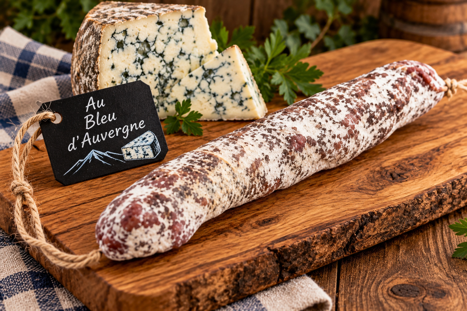 Saucisson sec au Bleu d'Auvergne, environ 180g - Sans colorant, embossage naturel
