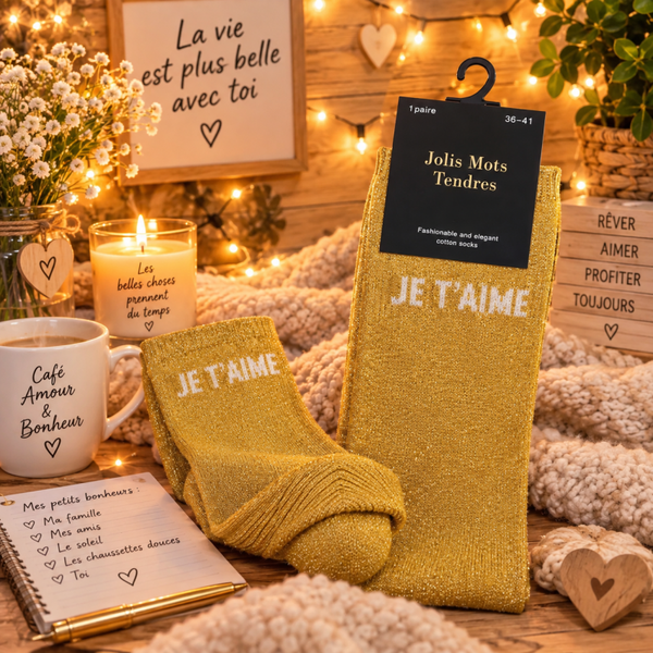Chaussettes fun "Je t'aime" Jaune moutarde  TU 36/41