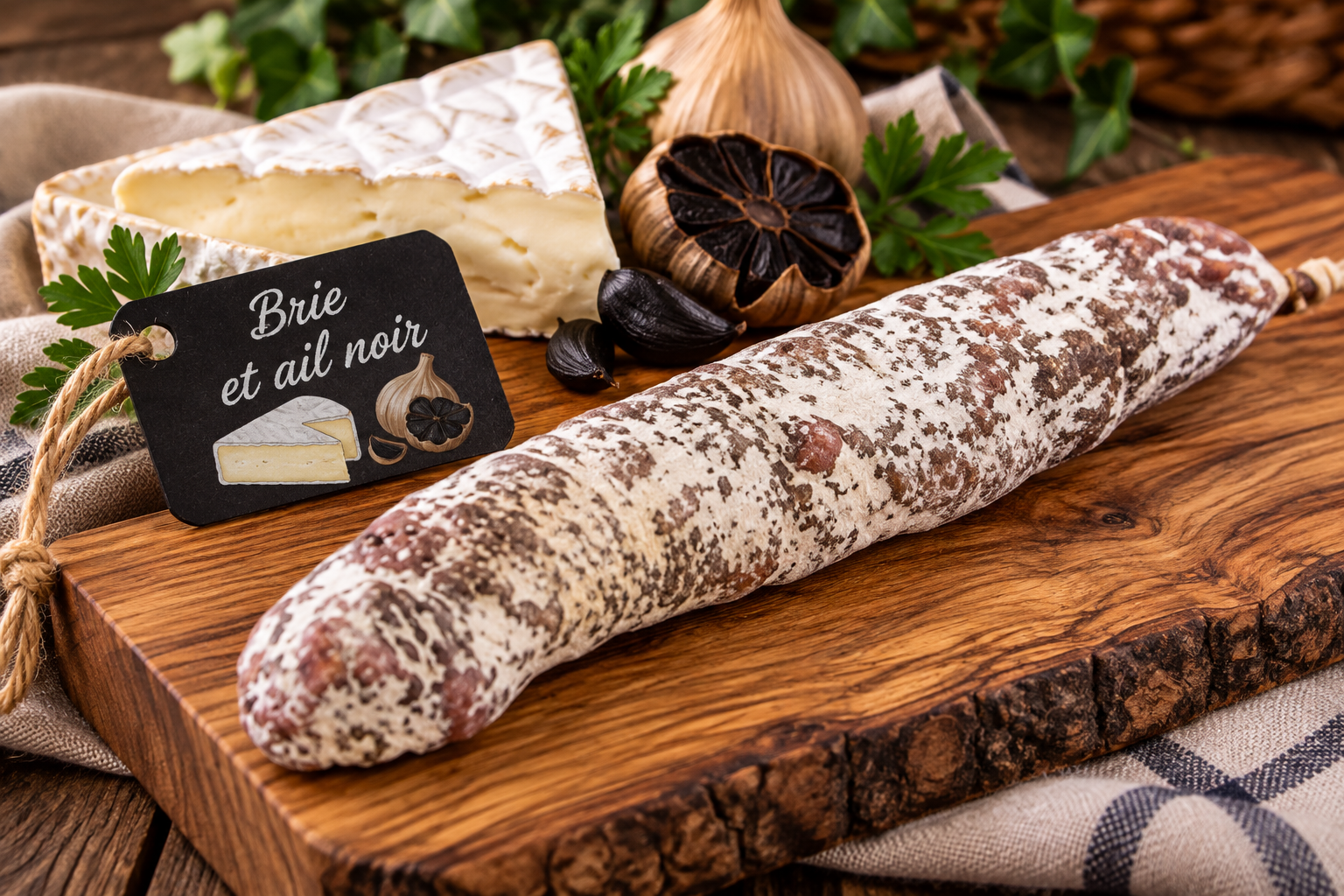 Saucisson sec au Brie et ail noir, environ 180g - Sans colorant, embossage naturel