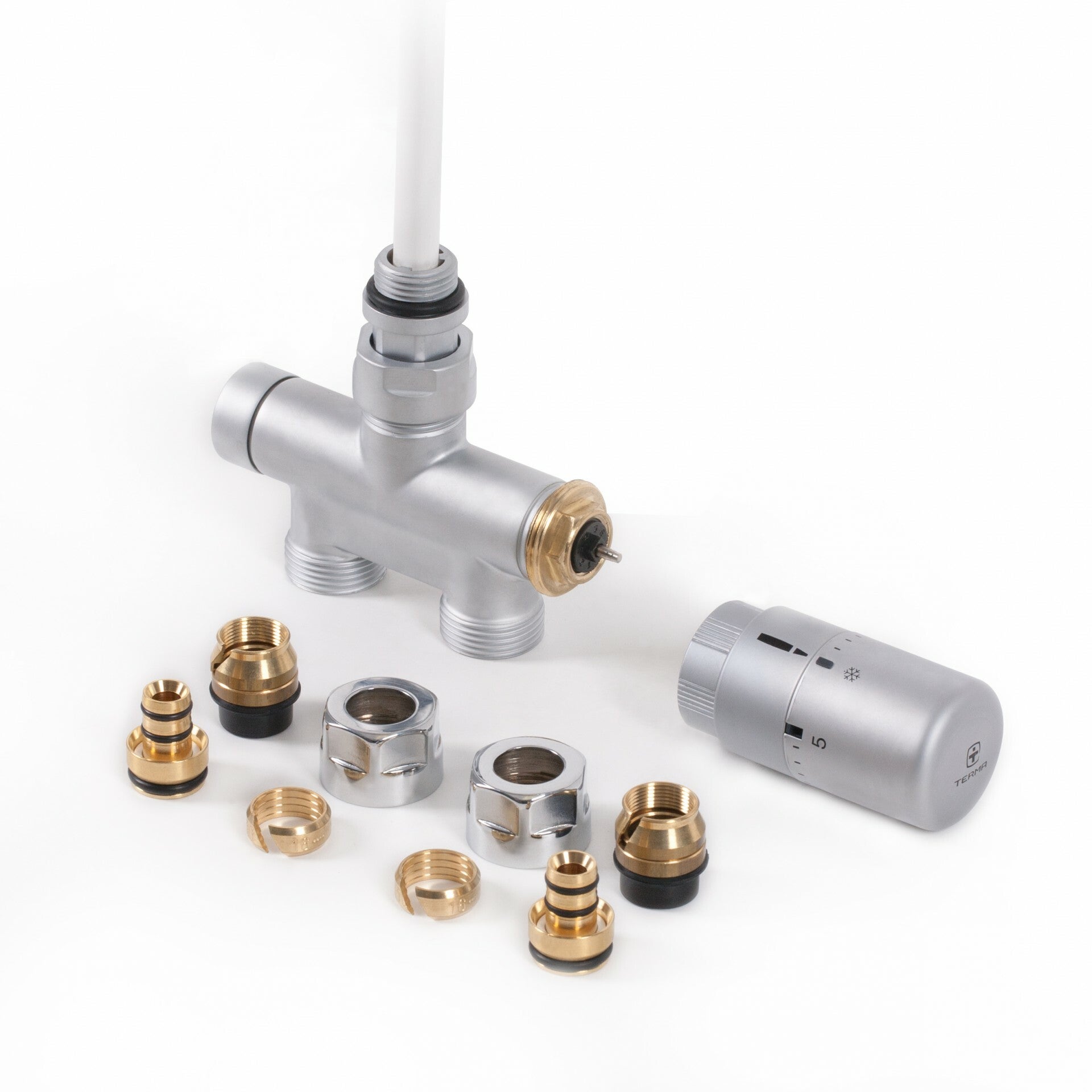 Inline thermostatische radiatorkraan set met geïntegreerde immersion buis