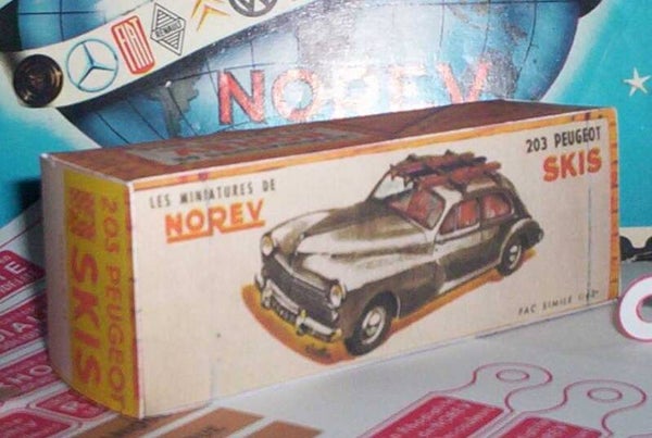 Reproduction boites Norev ancienne 1er série  Peugeot 203 berline skis