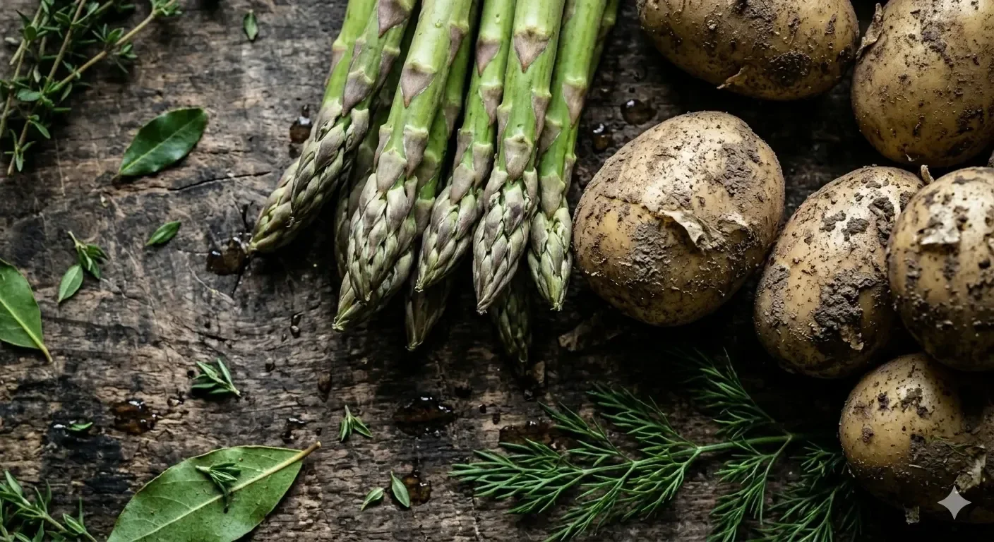 A rustic flat lay of fresh culinary ingredients featuring a tight bundle of green asparagus spears and unpeeled, dirty new potatoes on a dark, weathered wooden plank, accented by scattered bay leaves, thyme sprigs, and dill fronds.