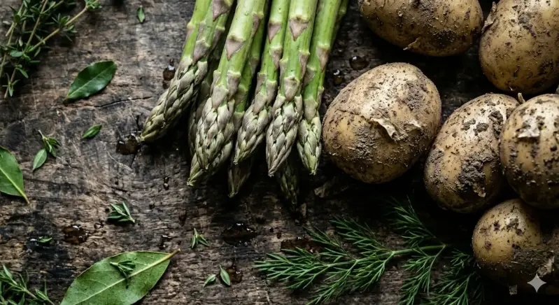 A rustic flat lay of fresh culinary ingredients featuring a tight bundle of green asparagus spears and unpeeled, dirty new potatoes on a dark, weathered wooden plank, accented by scattered bay leaves, thyme sprigs, and dill fronds.