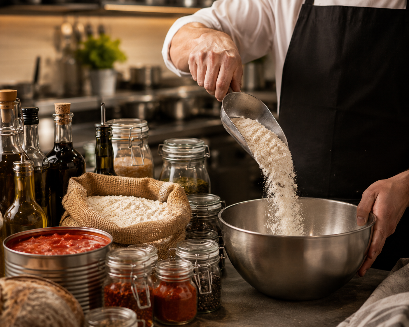 Chef pouring flour into a mixing bowl surrounded by wholesale pantry essentials including oils, herbs and spices, supplied by Flossies Fine Foods to Central London cafes, restaurants and bakeries