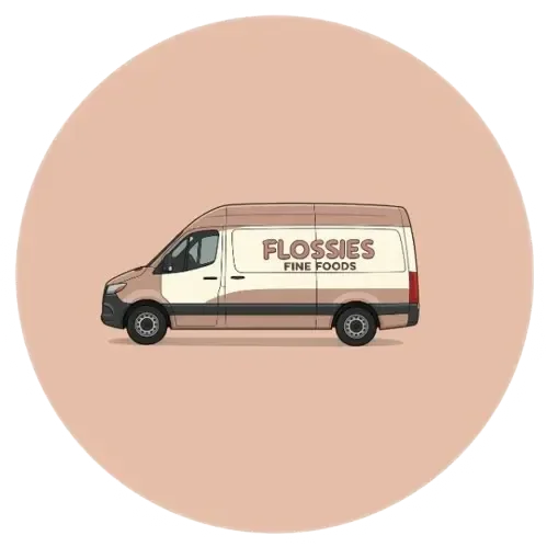 Flossies Fine Foods delivery van on route across West London, delivering fresh produce to independent cafes and restaurants