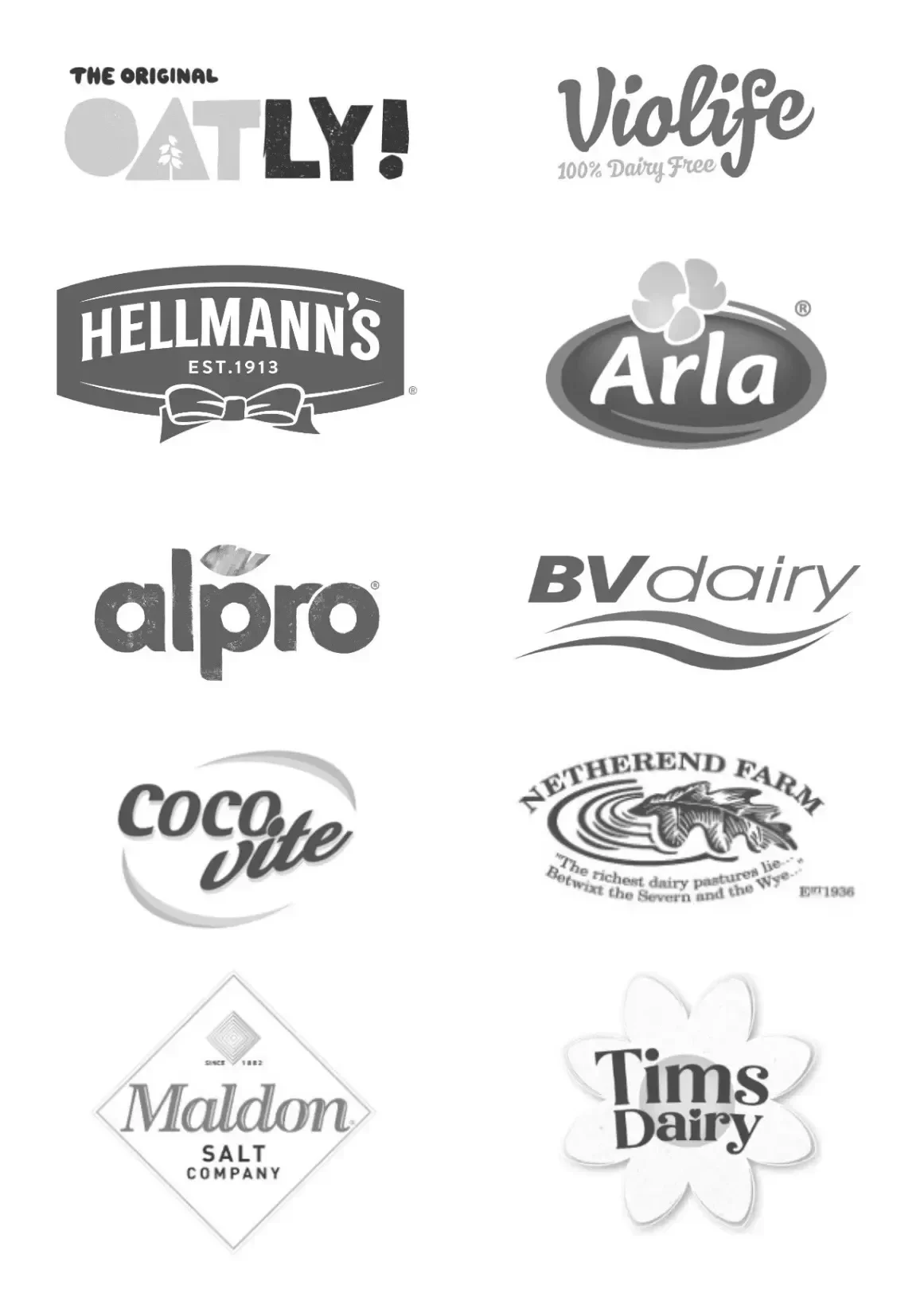 Flossies Fine Foods trusted supplier brands including Oatly, Violife, Hellmann's, Arla, Alpro, BV Dairy, Cocovite, Netherend Farm, Maldon Salt and Tims Dairy - premium wholesale food and dairy suppliers serving cafés and restaurants across London