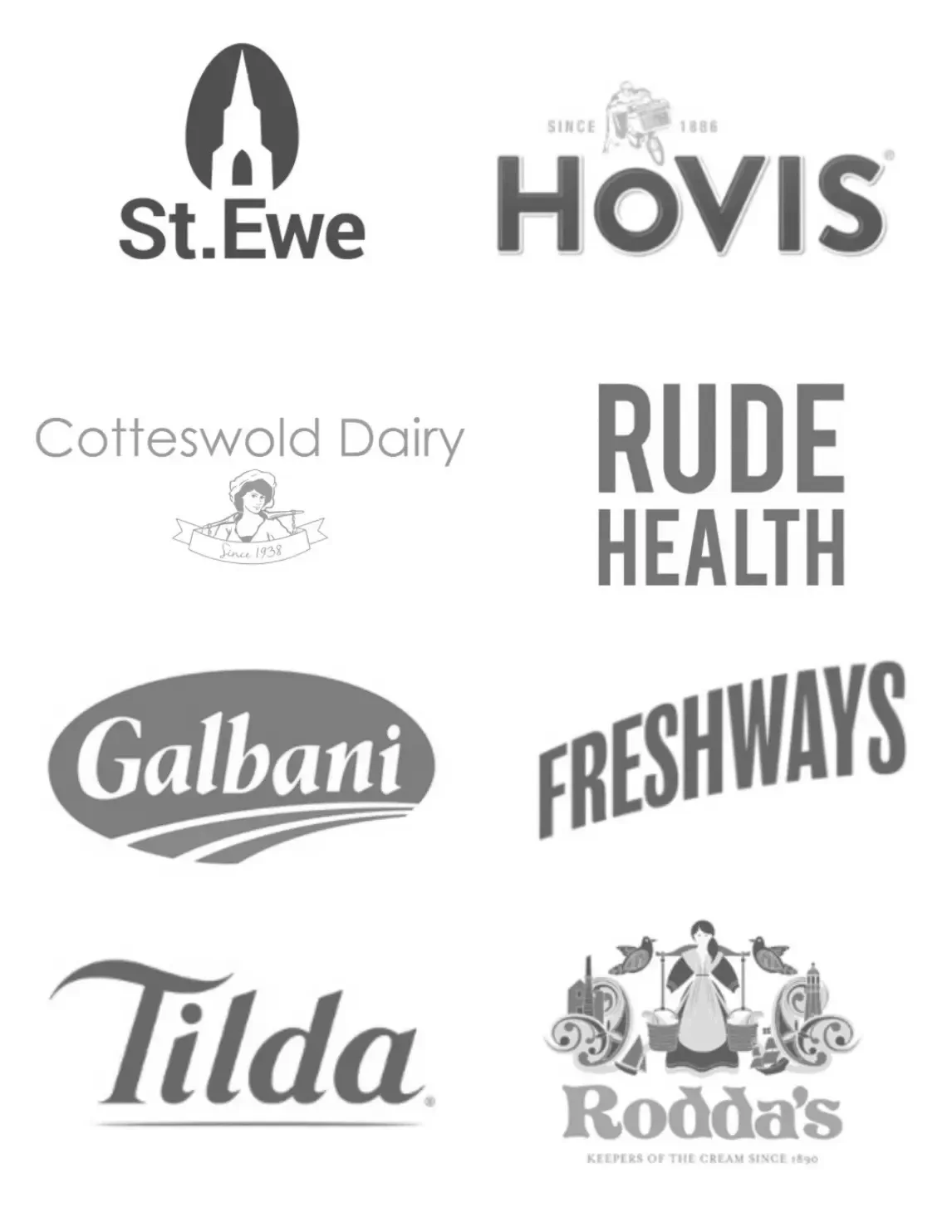 Flossies Fine Foods trusted supplier brands including St. Ewe, Hovis, Cotteswold Dairy, Rude Health, Galbani, Freshways, Tilda and Rodda's - quality wholesale food and dairy suppliers delivering to London cafés, bakeries and restaurants