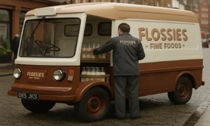 Vintage Flossies Fine Foods delivery van being loaded with fresh dairy for Central London cafes, bakeries, and restaurants.