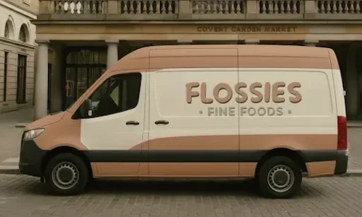 A Flossies Fine Foods delivery van parked in Covent Garden, showcasing their wholesale food and dairy supply service for cafes, restaurants, and bakeries in Central London.