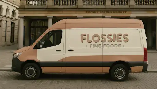 A Flossies Fine Foods delivery van parked in Covent Garden, showcasing their wholesale food and dairy supply service for cafes, restaurants, and bakeries in Central London.