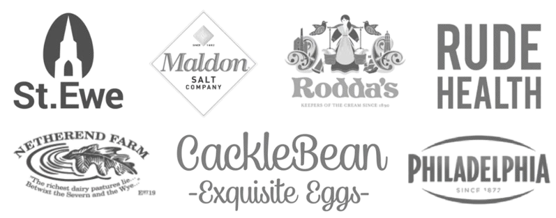 Logo collection of premium food brands including St. Ewe, Maldon Salt, Rodda's, Rude Health, Netherend Farm, Cacklebean, and Philadelphia.