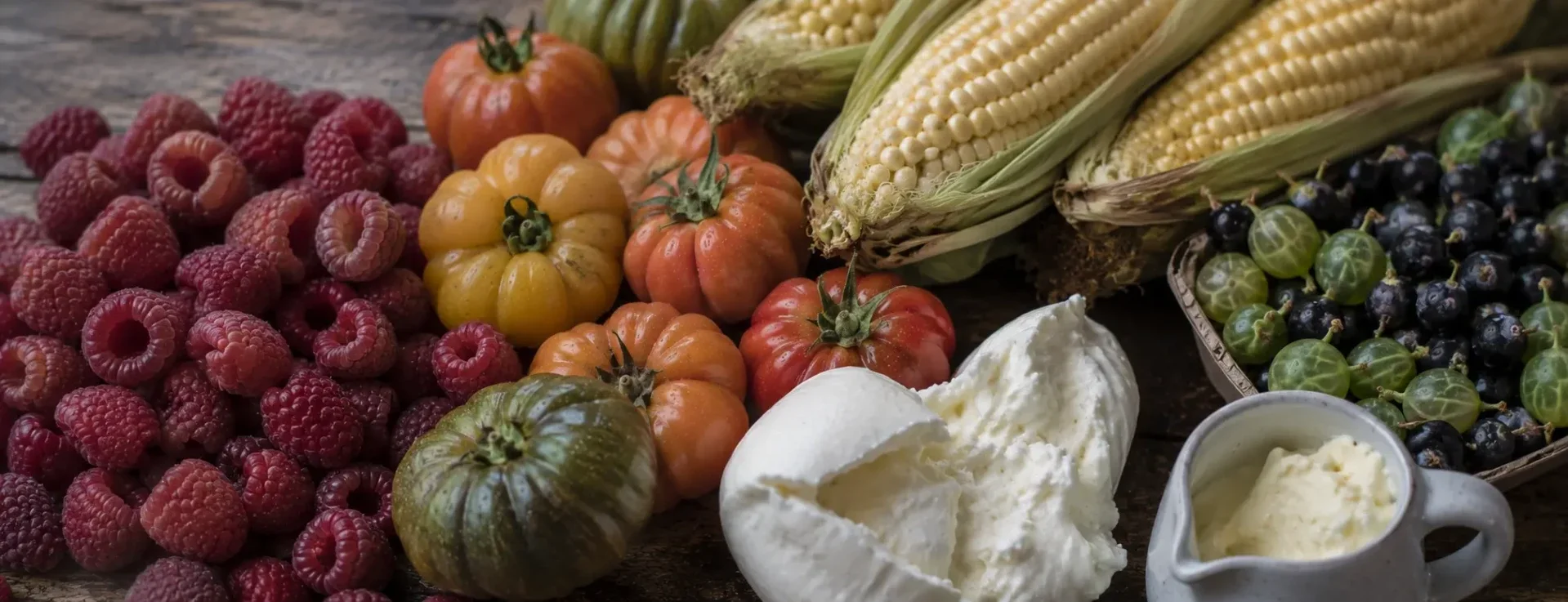 Fresh July seasonal produce and dairy from New Covent Garden Market including British raspberries, heritage tomatoes, sweetcorn, blackcurrants, gooseberries, burrata and clotted cream, sourced by Flossies Fine Foods for London restaurants and cafes