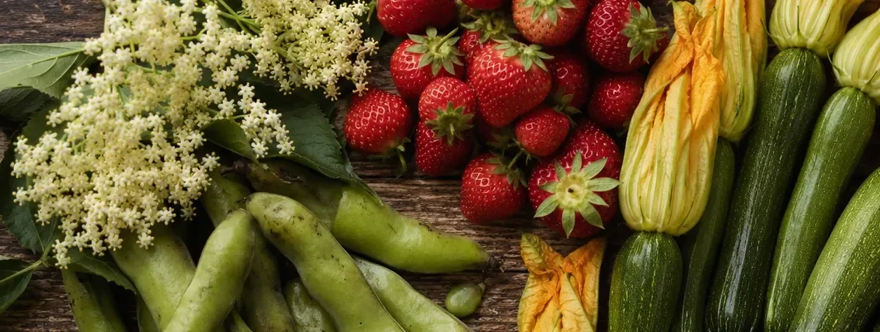 Fresh May seasonal produce from New Covent Garden Market including British strawberries, broad beans, courgettes with flowers and elderflower blossom, sourced by Flossies Fine Foods for London restaurants and cafés