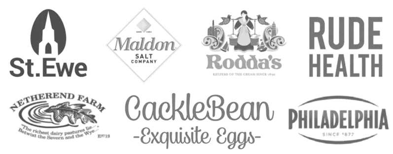 Logo collection of premium food brands including St. Ewe, Maldon Salt, Rodda's, Rude Health, Netherend Farm, Cacklebean, and Philadelphia.