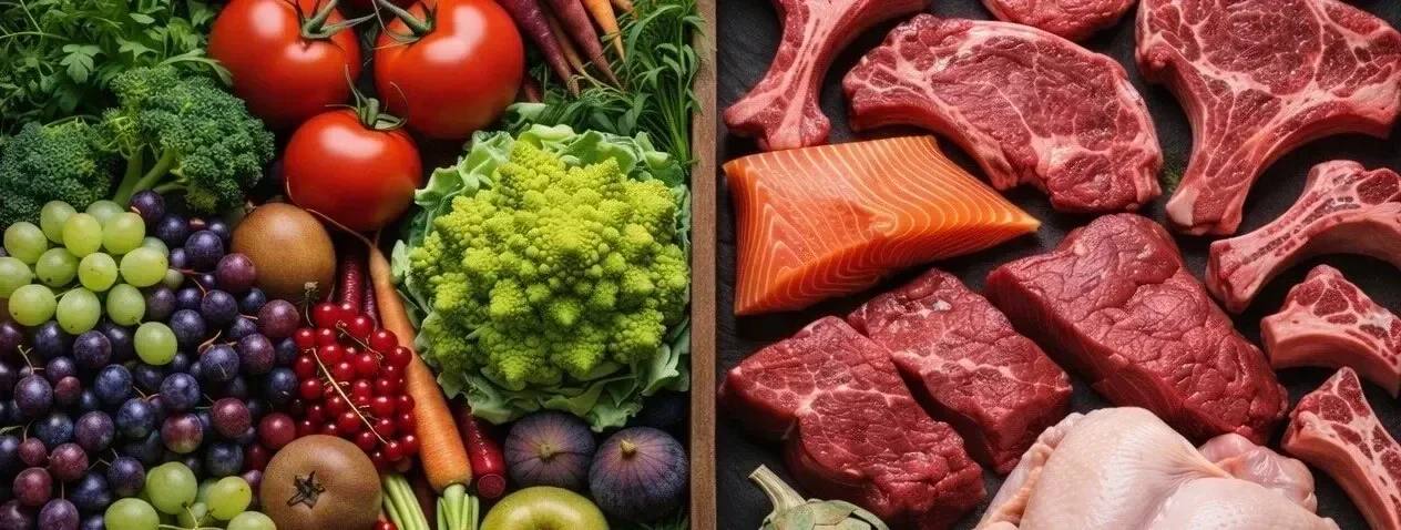 A split display of fresh wholesale fruit, vegetables, and premium butcher-standard meats supplied by Flossie's Fine Foods to restaurants and cafes in Fitzrovia, London.