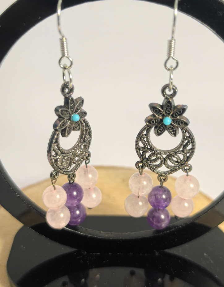 Boucles d'oreilles  Quartz Rose & Améthyste