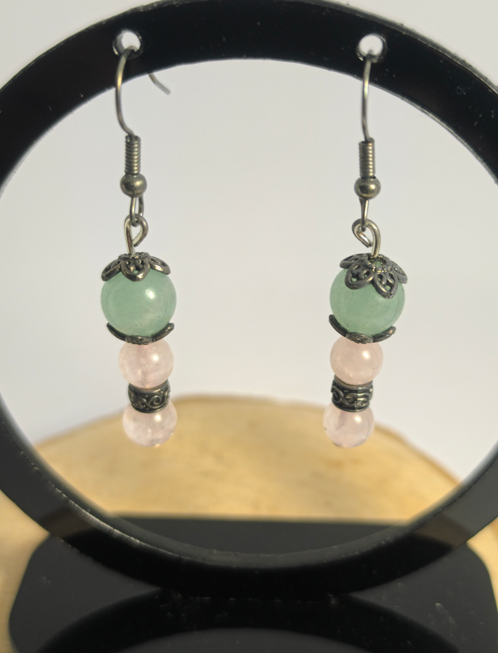 Boucles d'oreilles Aventurine & Quartz Rose