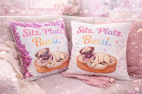 Sitz. Platz. Bussi. - Ein Mopsstarkes Dekokissen