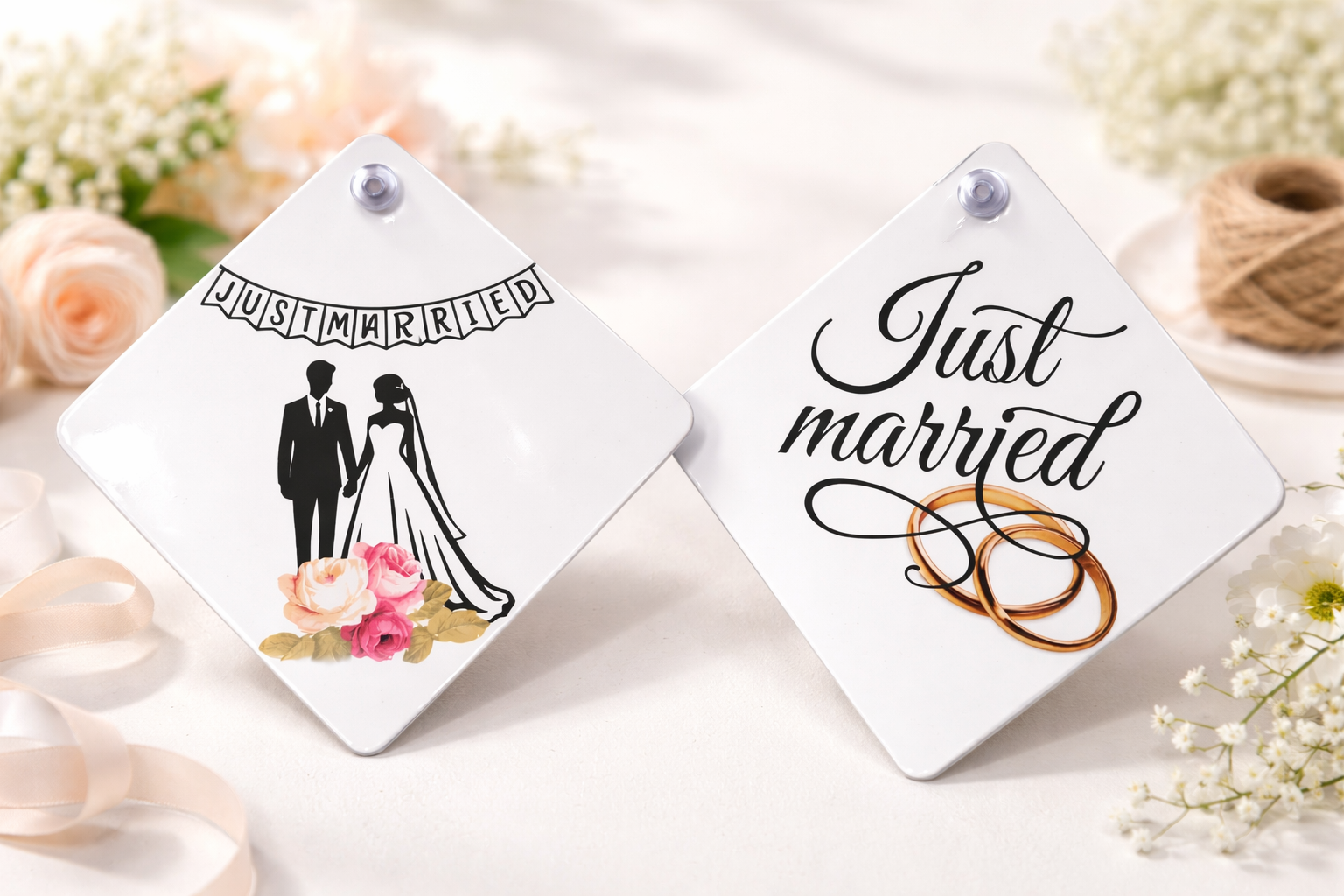 Metallschild mit Saugnapf "Just Married"