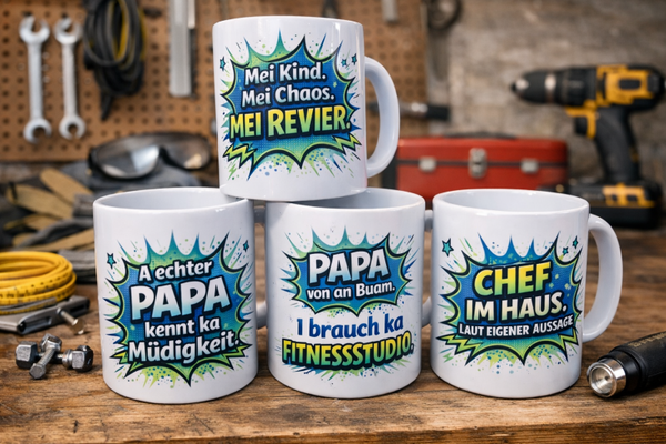 Humorvolle Papa-Tassen im österreichischen Dialekt