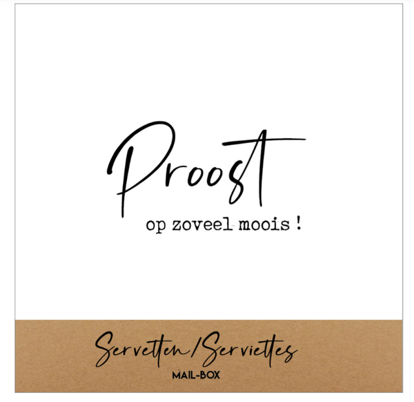Kleine vierkante servetten met tekst "PROOST OP ZOVEEL MOOIS"