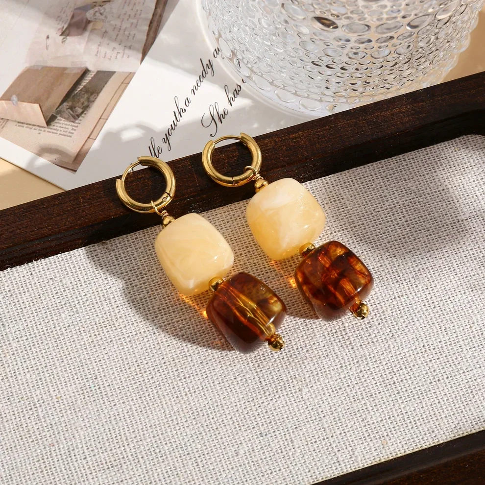 Boucles d'oreilles acier inoxydable et acrylique organique - Cube marron