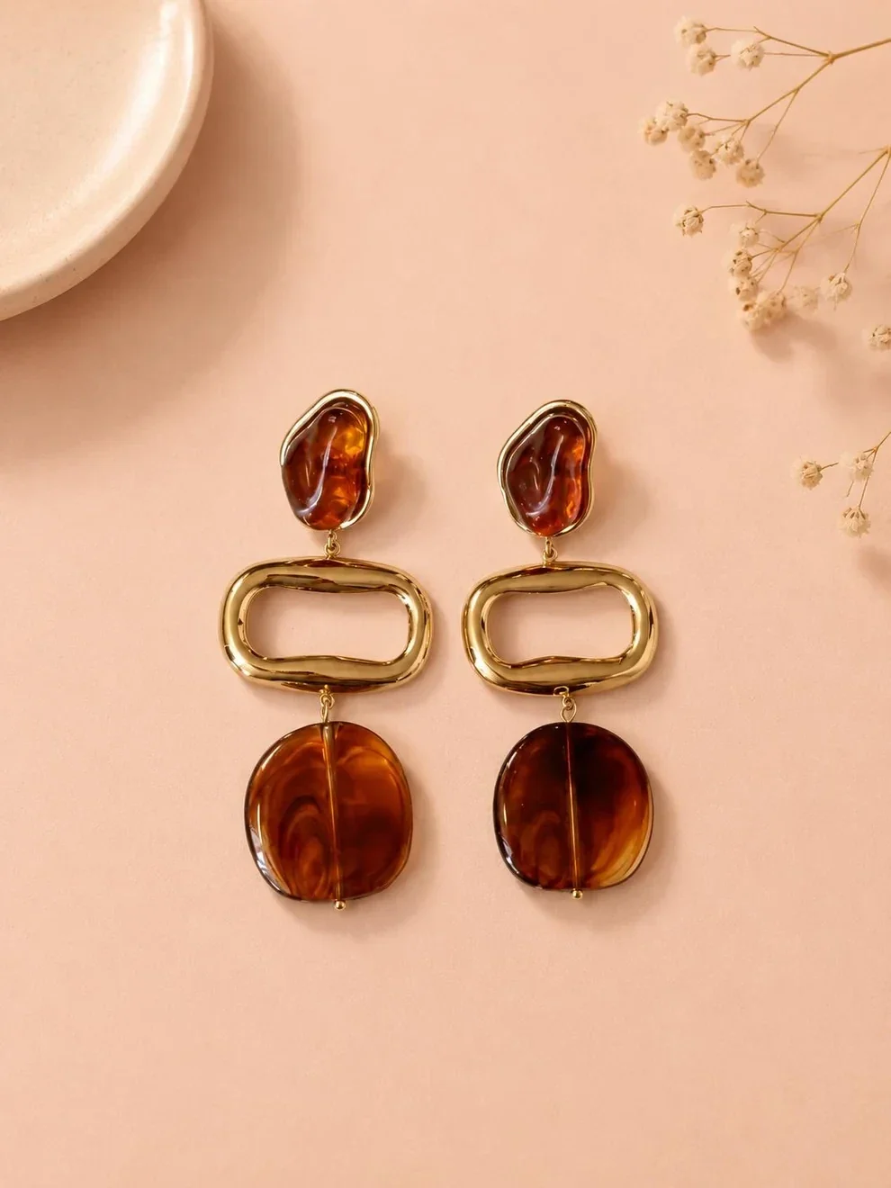 Boucles d'oreilles acier inoxydable et acrylique organique - Marron