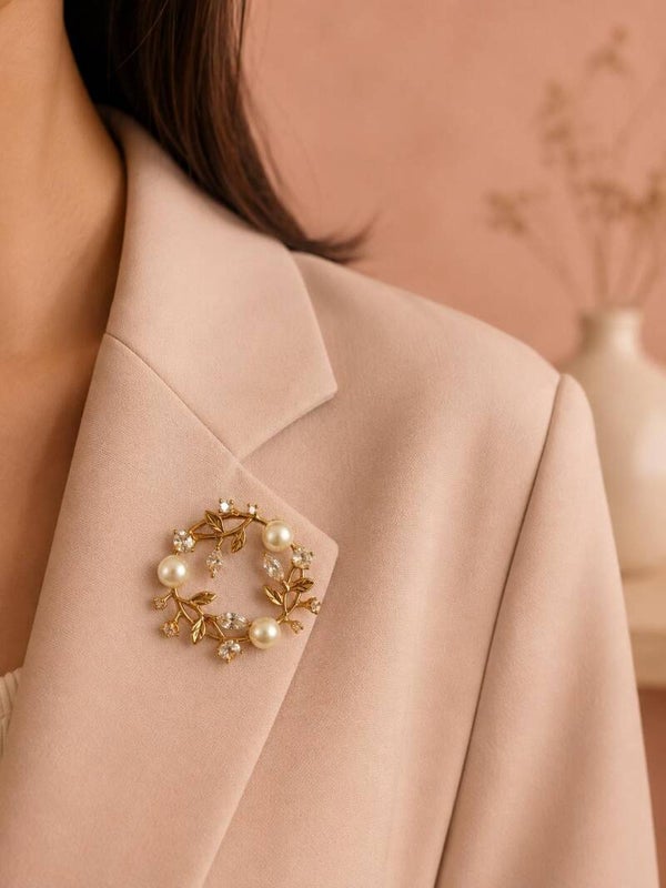 Broche acier inoxydable - Couronne fleurs et perles W164