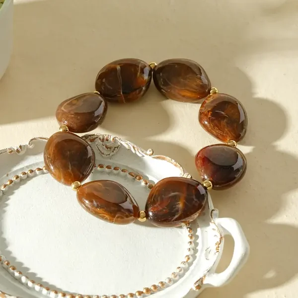 W141 - Bracelet élastique perles en acier inoxydable et acrylique organique - Chocolat