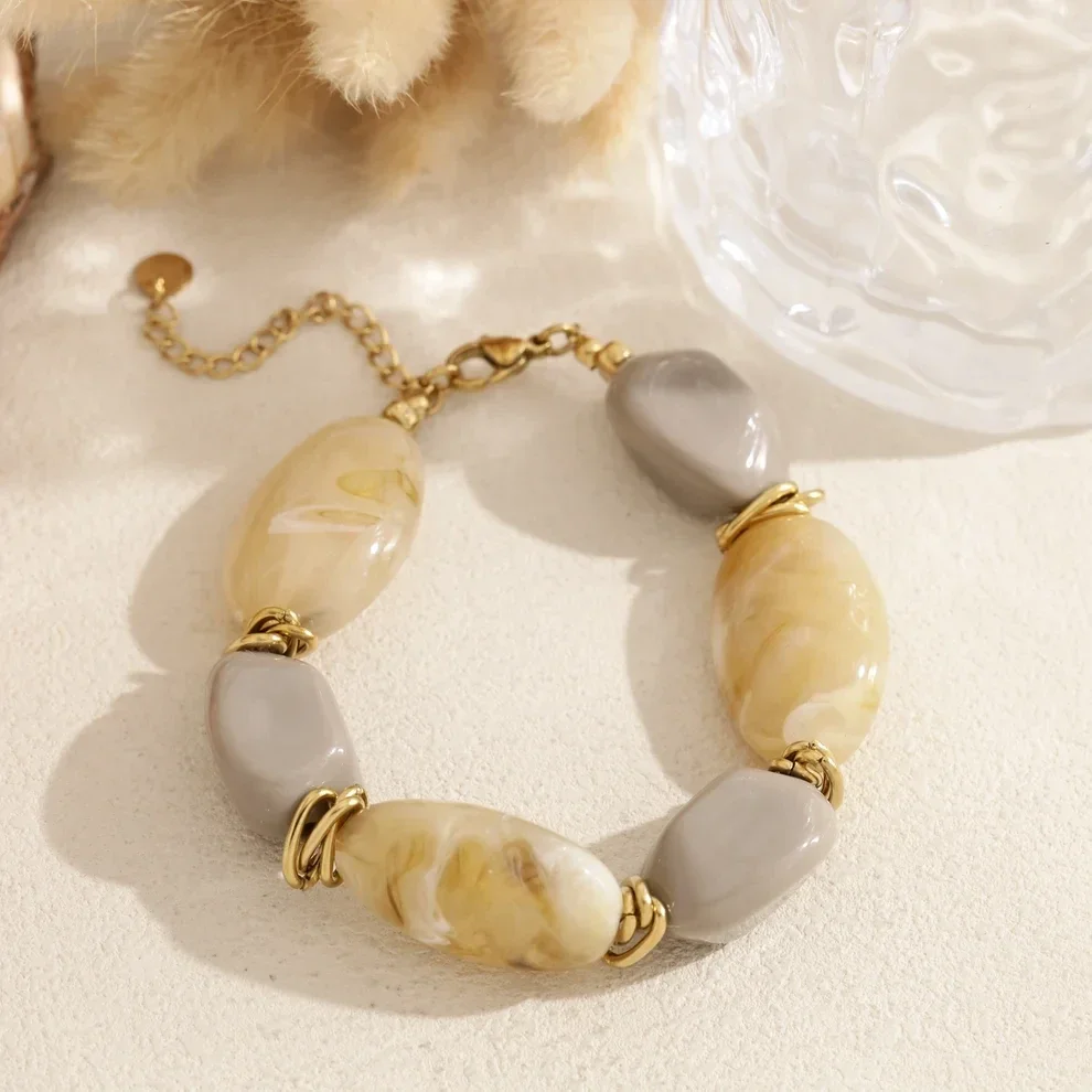 W123 - Bracelet acier inoxydable et acrylique organique - Taupe et beige