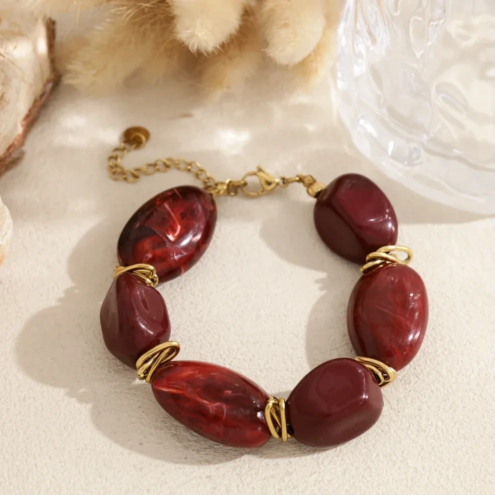 W122 - Bracelet acier inoxydable et acrylique organique - Bordeaux