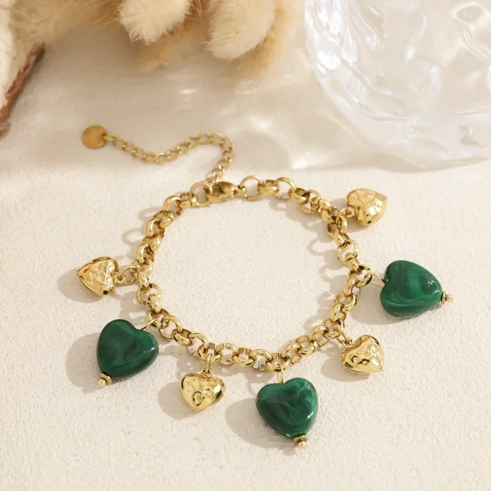 W117 - Bracelet acier inoxydable et acrylique organique - Coeur vert