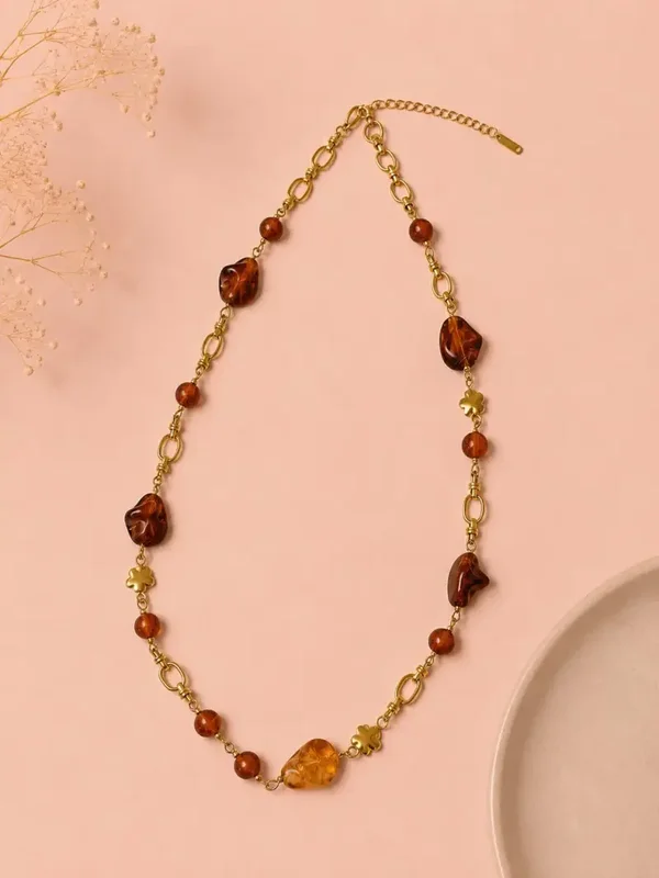 Collier acier inoxydable et acrylique organique - Ambre