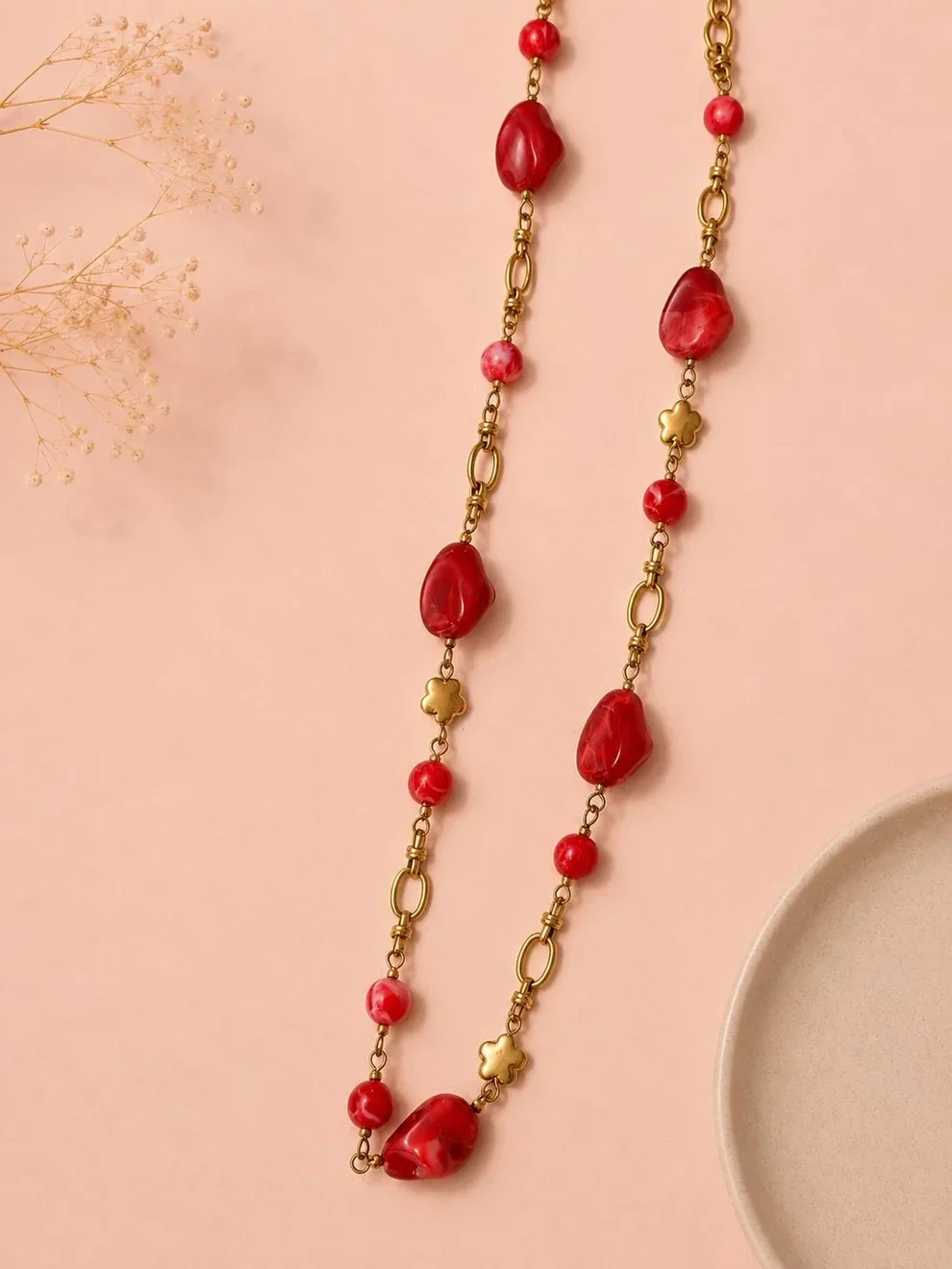 W112 - Collier acier inoxydable et acrylique organique - Rouge