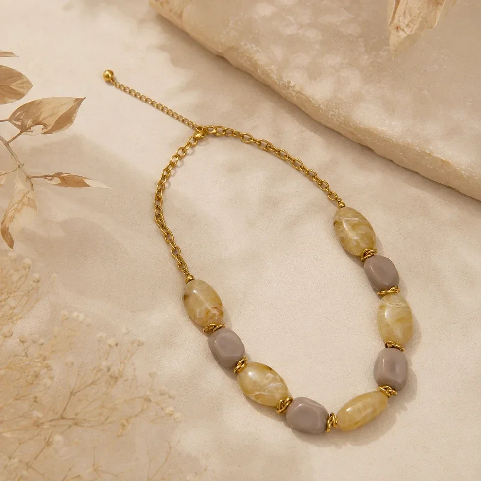 W101 - Collier acier inoxydable et acrylique organique - Taupe et beige