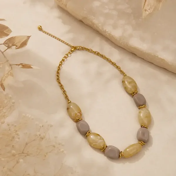 W101 - Collier acier inoxydable et acrylique organique - Taupe et beige
