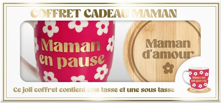 Coffret Tasse et Sous Tasse en bois gravé maman en pause, maman d'amour