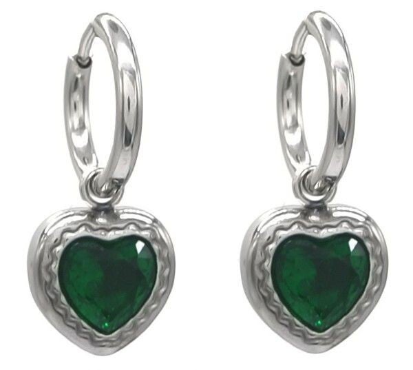 Boucles d'oreilles acier inoxydable - coeur vert et argent