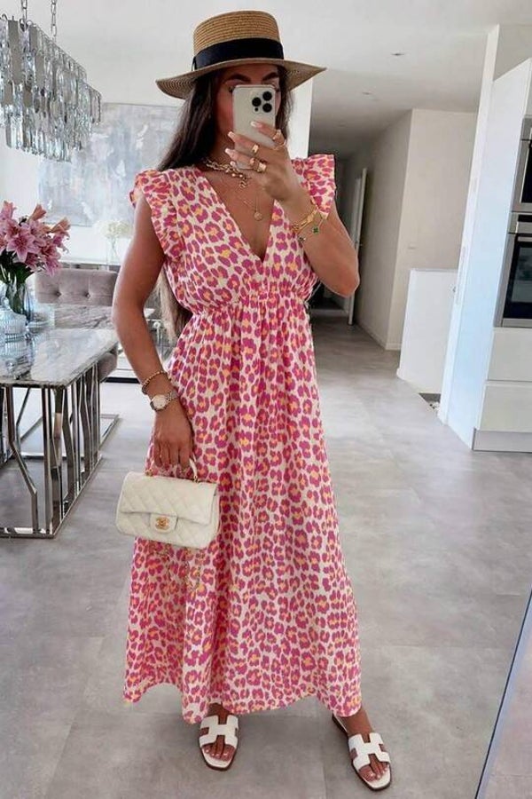 Robe longue Léopard - Rose